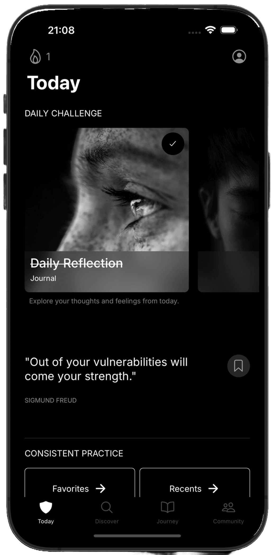 Buck Today screen with daily challenge and reflection flow