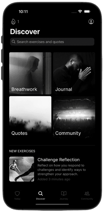 Buck Discover screen showing exercises, quotes, and community entry points
