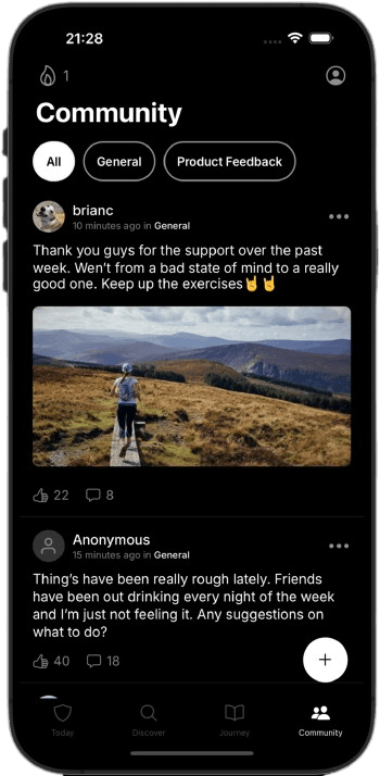 Buck Community screen showing moderated social discussion and posting