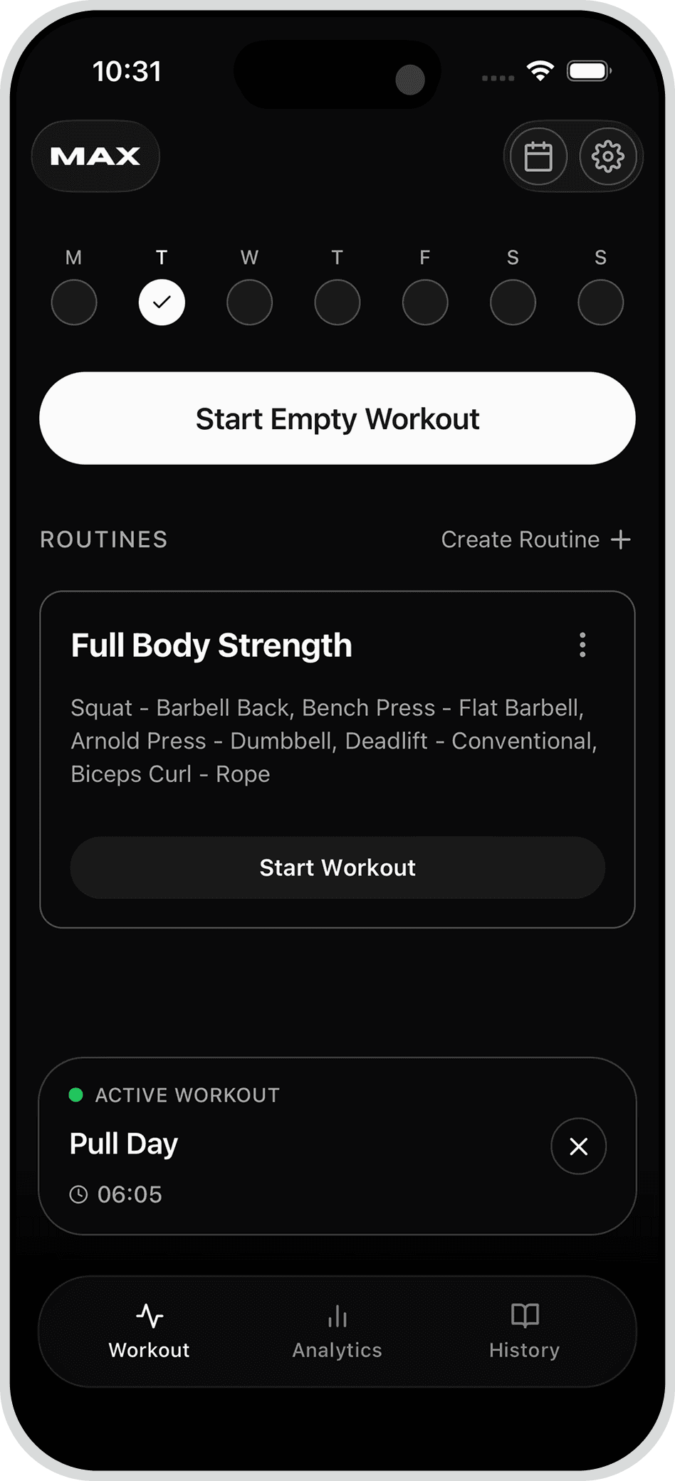 Max app home screen showing an active pull day session