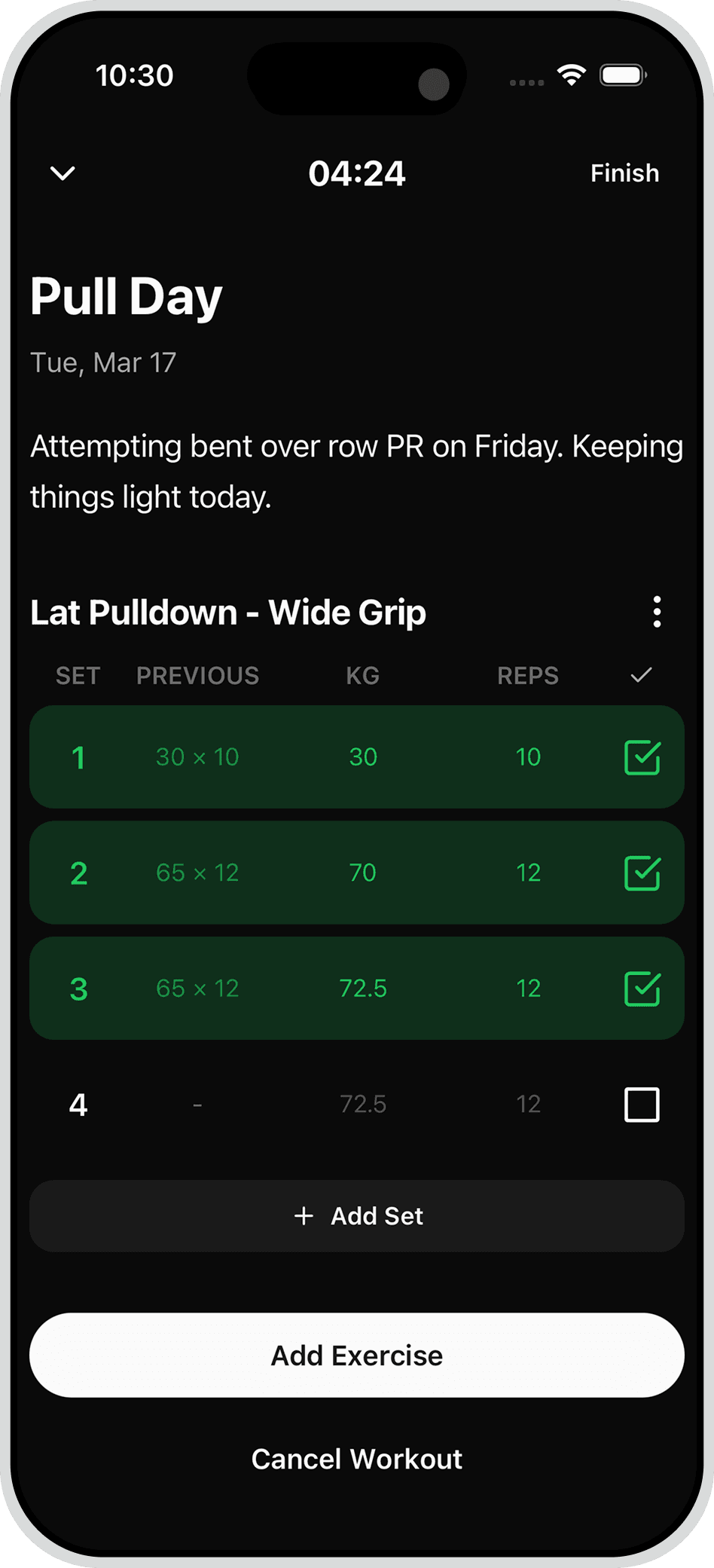 Max app active workout screen showing three sets of lat pulldown completed on pull day