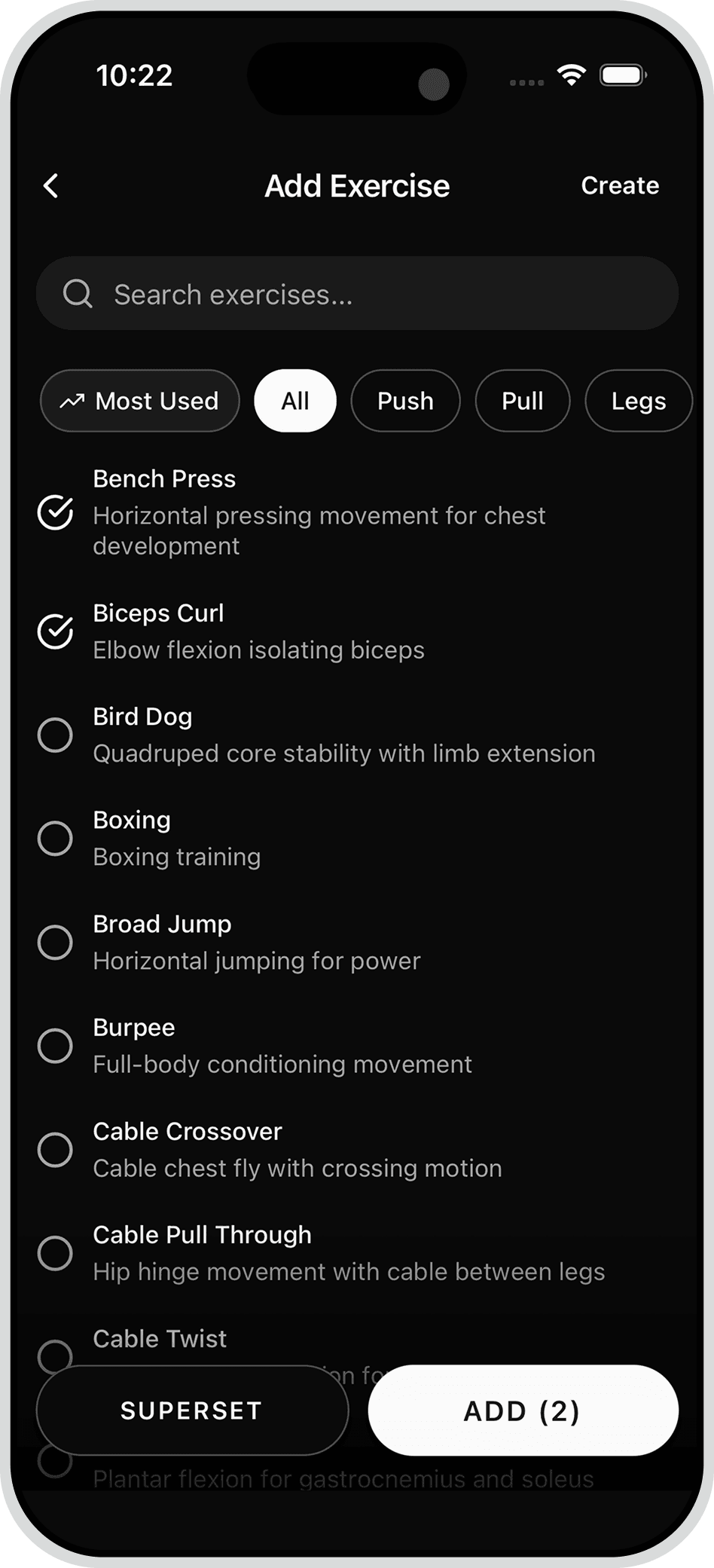 Max app base exercises list with bench press and bicep curl selected